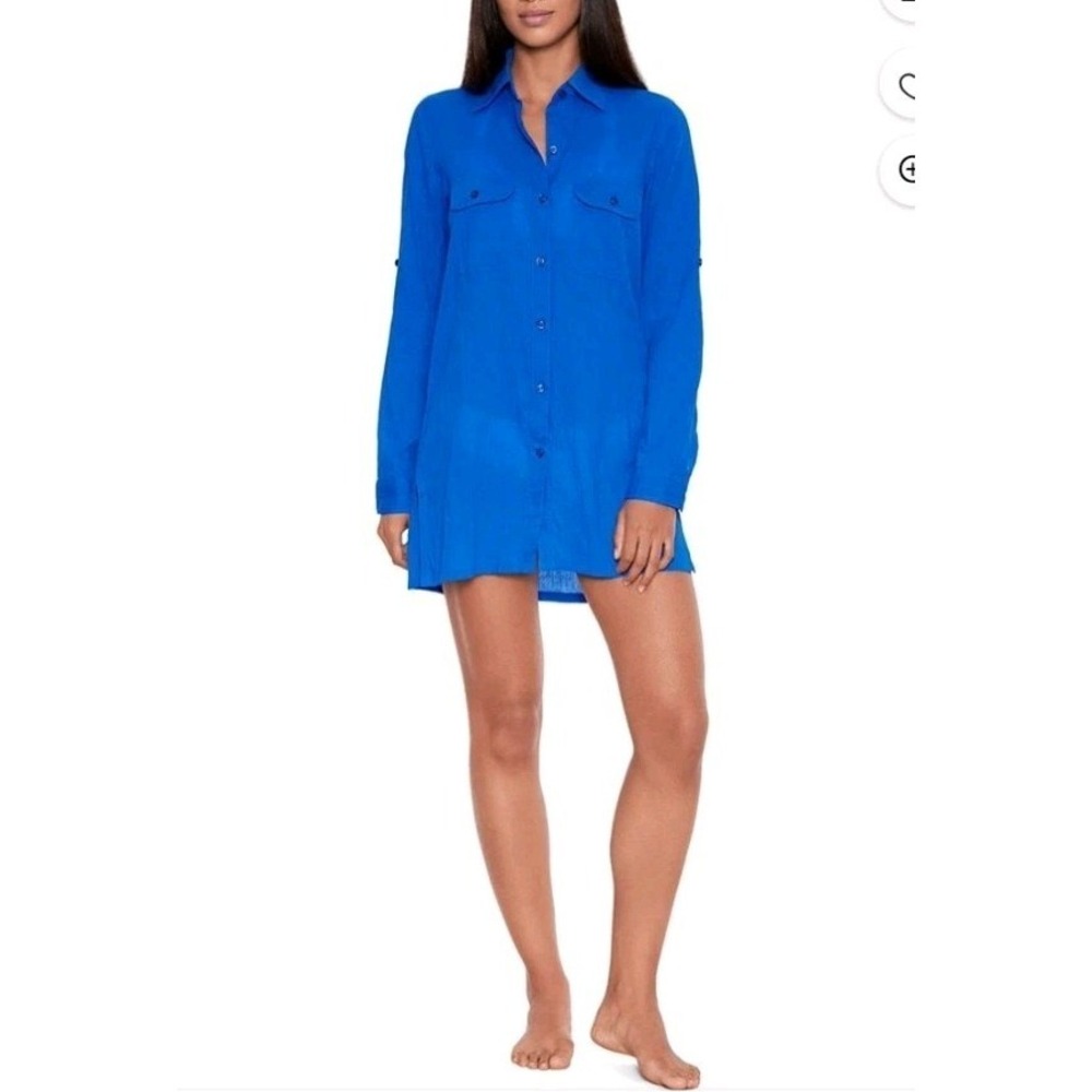 Lauren Ralph Lauren Camp Shirt Womens LG Royal Blue Swimsuit Cover Long Line